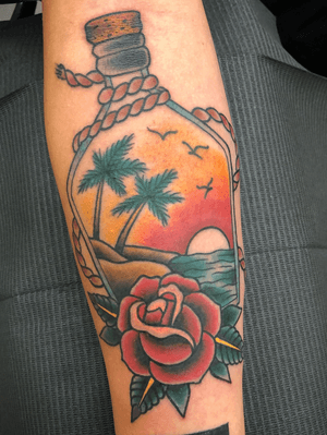 One of my favorite tattoos I’ve done recently. #traditional #neotraditional #rose #flower #sunset #beach #palmtree 