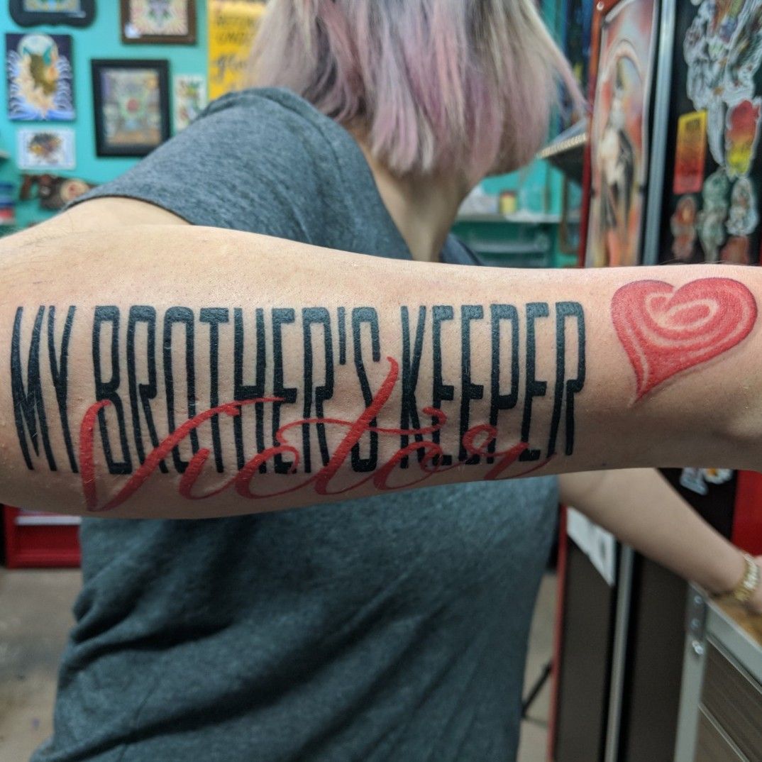 I Am My Brothers Keeper Custom Lettering by artist tattoosbycristian  at Golden Anchor Tattoo in Atlanta GA Please share and tag  Instagram