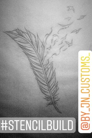 Feather w/birds concept revamped and pushed using lines to accentuate its form...#feathertattoo #birds #backpiece #blackandgrey #design #illustrative #graphic #Original #custom #stencilbuild #template #byjncustoms 