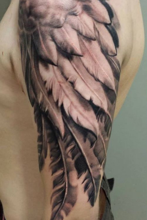 #wings #wing #sleeve #blackandgreytattoo #feathers