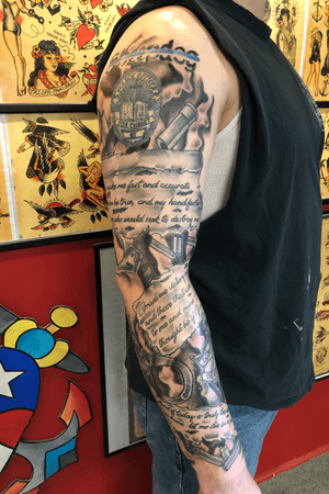 Full black and grey police themed sleeve! #blackandgrey #traditional #traditionaltattoos #americantraditional #neotraditional #boldtattoos #boldwillhold #oldschool