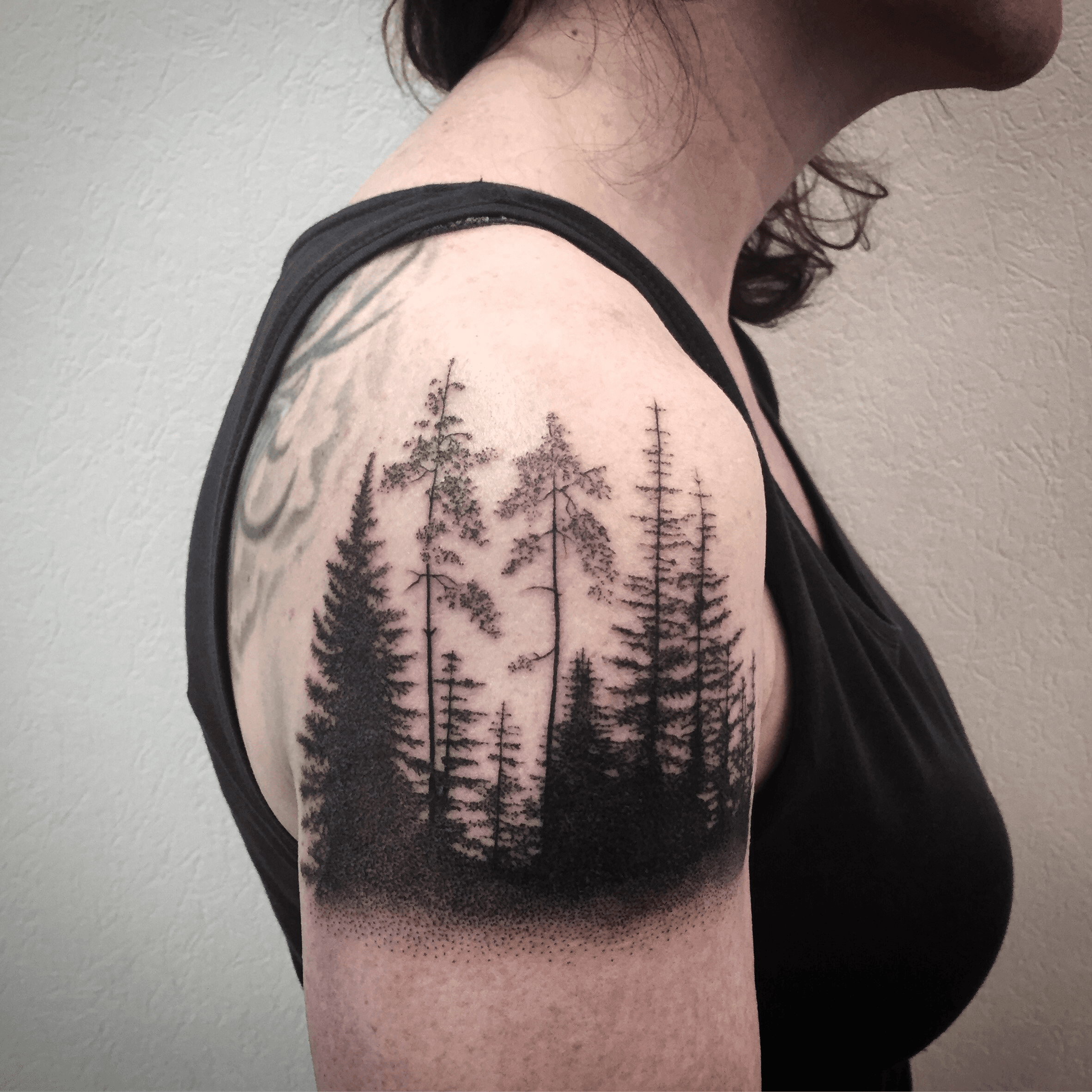 Black Bear Forest Tattoo On Left Shoulder