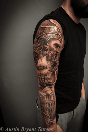 More added to this sleeve #blackandgrey #realism #greek #tattooartist 