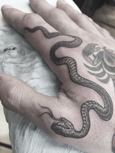 Tattoo by Hanna Sandstrom #HannaSandstrom #Awesometattoos #besttattoos #tattoodoapp #appartists #trendingtattoos #toptattoos #tattoodoappartists #singleneedle #snack #reptile #handtattoo