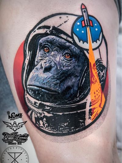 Tattoo by Chris Rigoni #ChrisRigoni #Awesometattoos #besttattoos #tattoodoapp #appartists #trendingtattoos #toptattoos #tattoodoappartists #realism #realistic #abstract #spaceship #astronaut #monkey #chimpanzee