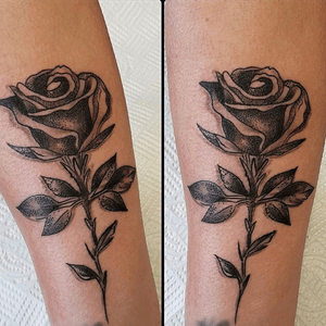 4th Tattoo - done by Justin @21st_Century_Tattoo_and_Piercing_Studio #rochdale #Feb2018 #blackandgrey #blackrose #rose #singlestem #forearm #dotwork 