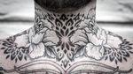 Tattoo by Aries Rhysing #AriesRhysing #necktattoos #necktattoo #neck #jobstopper #sacredgeometry #geometric #mandala #peony #flower #floral #dotwork