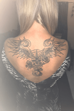 2nd Tattoo - done by Gaz Farmer @ThisMortalCoil #Altrincham  #blackandgrey  #wings  #skull  #backtattoo  #roses  #Aug2017