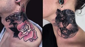 Tattoo on the left by Igor Puente and tattoo on the right by Antony Flemming #IgorPuente #AntonyFlemming #necktattoos #necktattoo #neck #jobstopper