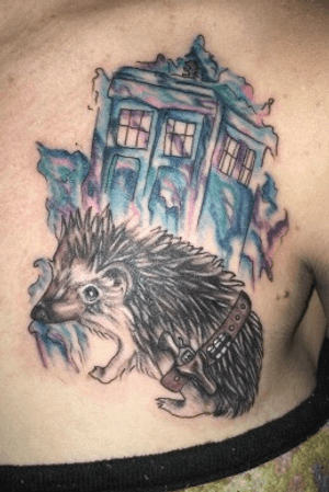 Photo sydneys client sent her of the tattoo they did last night #tattoo #tattoos #hedgehog #tardis #watercolor 