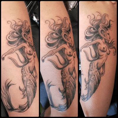 6th Tattoo - done by @21st_Century_Tattoo_and_Piercing_Studio #Rochdale #Sept2018 #Capricorn #rightarm #blackandgrey #goat #horns #mermaid 