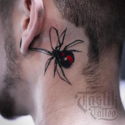 Tattoo by Fran Tastik Tattoo #FranTastikTattoo #necktattoos #necktattoo #neck #jobstopper #spider #blackwidow #realism #realistic #darkart