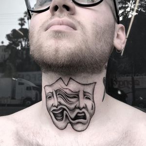 Tattoo by Adum Vu Noir #AdamVuNoir #necktattoos #necktattoo #neck #jobstopper #illustrative #blackandgrey #masks #drama #comedy #laughnowcrylater