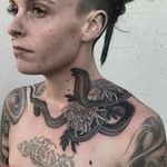 Tattoo by Javier Betancourt #JavierBetancourt #necktattoos #necktattoo #neck #jobstopper #blackandgrey #cobra #snake #reptile #animal #chrysanthemum #illusttrative