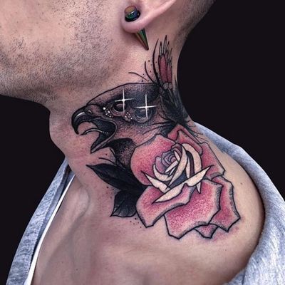 Tattoo by Igor Puente #IgorPuente #necktattoos #necktattoo #neck #jobstopper #neotraditional #falcon #bird #rose #flower #floral