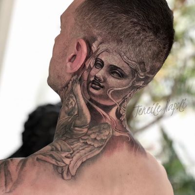 Tattoo by Teneile Napoli #TeneileNapoli #necktattoos #necktattoo #neck #jobstopper #blackandgrey #sculpture #fineart #angel #wings #feathers #portrait #ladyhead