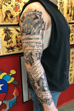 Black and grey police themed sleeve by Trent #traditional #traditionaltattoos #americantraditional #neotraditional #boldtattoos #boldwillhold #oldschool 