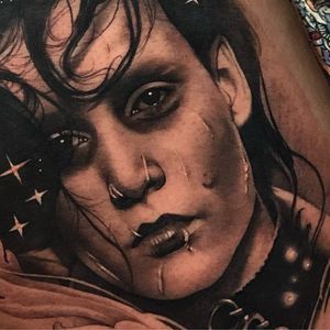 Tattoo by Teneile Napoli #TeneileNapoli #blackandgreyrealism #blackandgrey #realism #realistic #hyperrealism #timburton #johnnydepp #edwardscissorhands #portrait