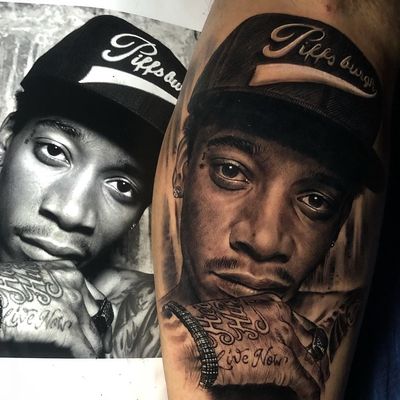 Tattoo by Fred Thomas #FredThomas #blackandgreyrealism #blackandgrey #realism #realistic #hyperrealism #portrait #wizkhalifa #lettering #rapper #music