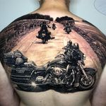 Tattoo by Steve Butcher #SteveButcher #blackandgreyrealism #blackandgrey #realism #realistic #hyperrealism #motorcycle #landscape #machine #travel #metal #chrome #wheel #gears