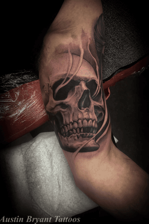 One from today #skull #blackandgrey #realism #tattooartist 