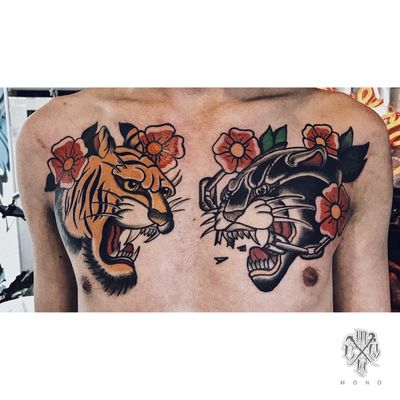 o l d s c h o o l #oldschool #oldschooltattoo #tattooartist #tattooart #tiger #leopard #chesttattoo 