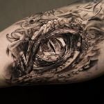 Tattoo by Niki Norberg #NikiNorberg #blackandgreyrealism #blackandgrey #realism #realistic #hyperrealism #dragon #eye #lizard #reptile