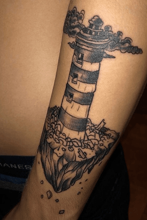 Lighthouse by Roger Ledford aka Kentucky @ premier tatoo studio in westland #lighthouse #arm #blackandgrey #forearm #forarmtattoo