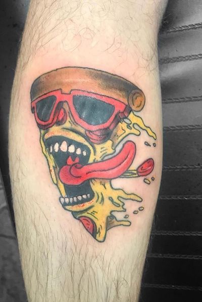 Bad ass pizza tattoo from Roger Ledford aka Kentucky @ Premier Tattoo Studio in Westland #calf #calftattoo #pizza #color #colorful #flying 