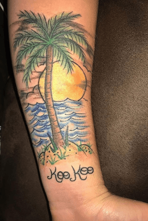 Dedication piece for my Grandma from Roger Ledford aka Kentucky @ Preimier Tattoo Studio in Westland #sun #tree #palm #palmtree #water #ocean #island #color 