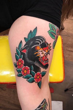 Traditional, traditional tattoos, traditional tattoo, panther, flowers