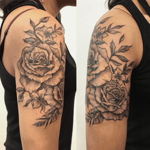 Floral #rose #cherryblossom #floral #botanical #armtattoo #linework #nyc #newyork #ladytattooers #womenwithtattoos 