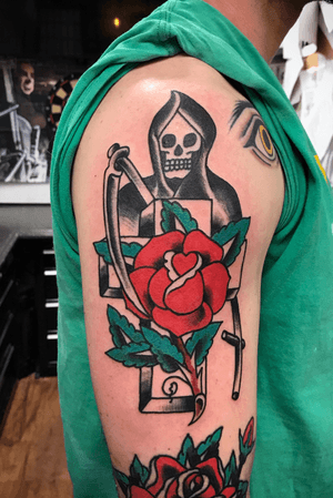 Reaper, rose, traditional, traditional tattoo, traditional tattoos