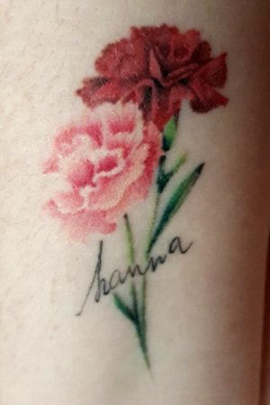 A carnation for each of my nannas and one of their handwriting. Incredible detailed work done at @Fineline_Tattoos by @OXEL_Tattoo #4monthslater #flowers #memorialtattoo 