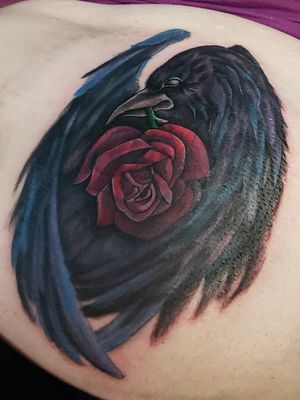 Raven with Rose (Cover up)Got it done Forever Ink in El Paso, TX. by Jerry! Follow him on Instagram @tattoosbygenocide