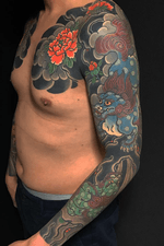 Karajishi botan (foo dog and peonies )full sleeve soth chest panel healed 唐獅子牡丹