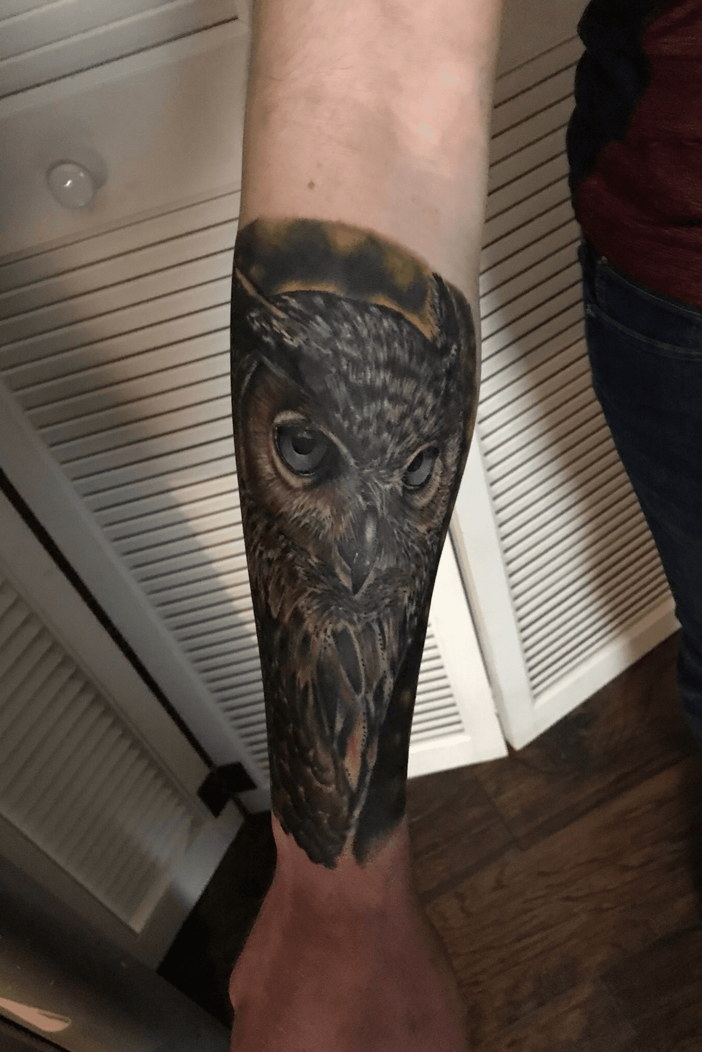Tattoo uploaded by Joshua Nordstrom • An owl cover-up on the forearm. #owltattoo #forearmtattoos #coverup #colortattoos #realistic #animal #bird • Tattoodo