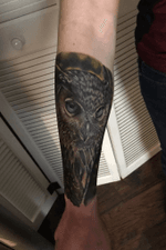 An owl cover-up on the forearm. #owltattoo #forearmtattoos #coverup #colortattoos #realistic #animal #bird 