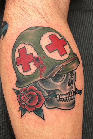 Couple of my ideas. Couple of the clients. #army #medic #armymedic #traditional #color #skull #rose 