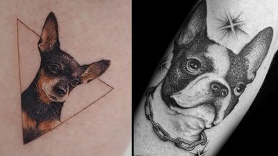 Tattoo on the left by Sol Tattoo and tattoo on the right by Jason Tyler Grace #SolTattoo #JasonTylerGrace #dogtattoos #dogtattoo #pup #petportrait #puppy #animal #nature #mansbestfriend