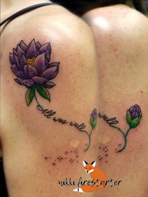 Lotus flower with the Harry Potter finale. Bonus: Magical twinkly bits. nikkifirestarter.com #tattoo #bodyart #bodymod #ink #art #nonbinaryartist #nonbinarytattooist #mnartist #mntattoo #visualart #tattooart #tattoodesign #harrypotter #harrypottertattoo #lotus #lotusflower #lotustattoo #flowerbud #floraltattoo #flower #quotetattoo #texttattoo #typography #wordart #illustrativetattoo #illustrative #style #magic #twinkle
