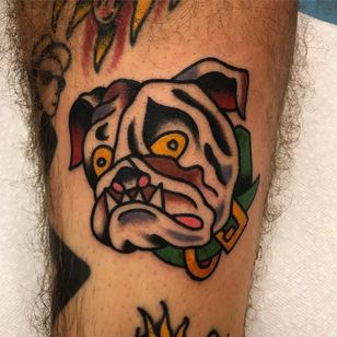 Tattoo by Jeff Sypherd #JeffSypherd #dogtattoos #dogtattoo #pup #petportrait #puppy #animal #nature #mansbestfriend #bulldog #color #traditional
