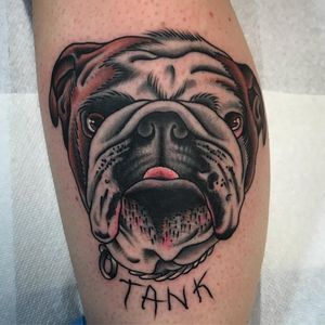 Tattoo by Kyle Hath #KyleHath #dogtattoos #dogtattoo #pup #petportrait #puppy #animal #nature #mansbestfriend #tank #color #traditional #bulldog