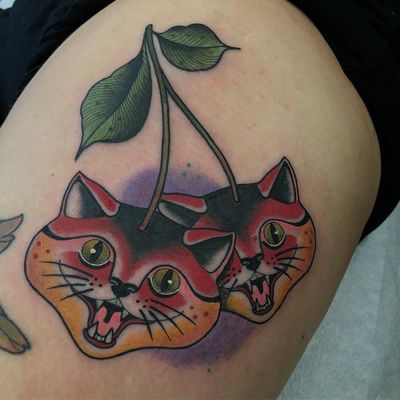 Tattoo by Jody Dawber #JodyDawber #foodtattoos #foodtattoo #food #nutrition #cheftattoo #cattattoo #cats #kitty #cherry #cherries #fruit
