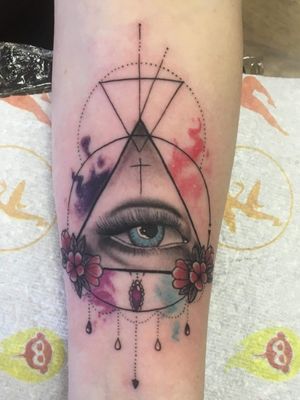Illuminati watercolour eye Done by Nuge At Blazin guns tattoo studio in Nottingham