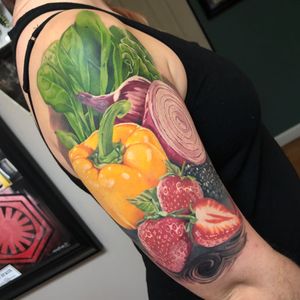 Tattoo by Breah Beshore #BreahBeshore #foodtattoos #foodtattoo #food #nutrition #cheftattoo #veggies #vegetables #fruits #strawberry #onion #pepper #realism #realistic #hyperrealism