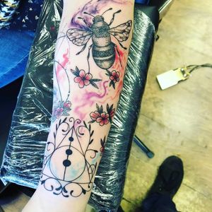 Bumble bee, water colour, flowery, Harry potter deathly Hallows half sleave Done by Nuge  at blazin guns tattoo studio in Nottingham
