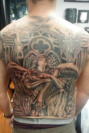 Full back piece Angel and cross with dove looking over