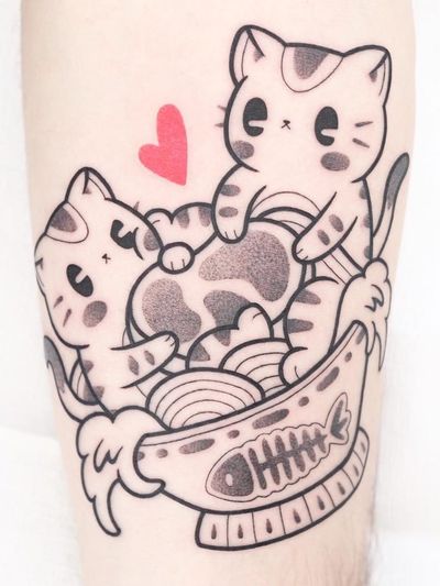Tattoo by Hugocide #Hugocide #foodtattoos #foodtattoo #food #nutrition #cheftattoo #blackandgrey #cat #kitty #cute #ramen #pho #fish #noodles #meat #soup #heart #manga #anime