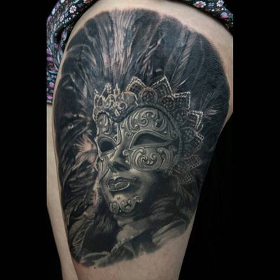 Tattoo by Sam Stokes #SamStokes #venetianmask #venetianmasktattoo #mardigras #carnival #brazil #neworleans #italy #2019 #masktattoo #mask #blackandgrey